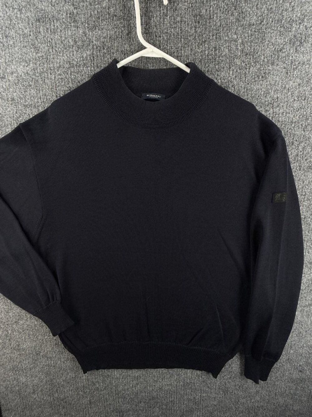 Burberry London Blue Sweater Logo Pullover 22 Medium Wool Long Sleeve Men Knit